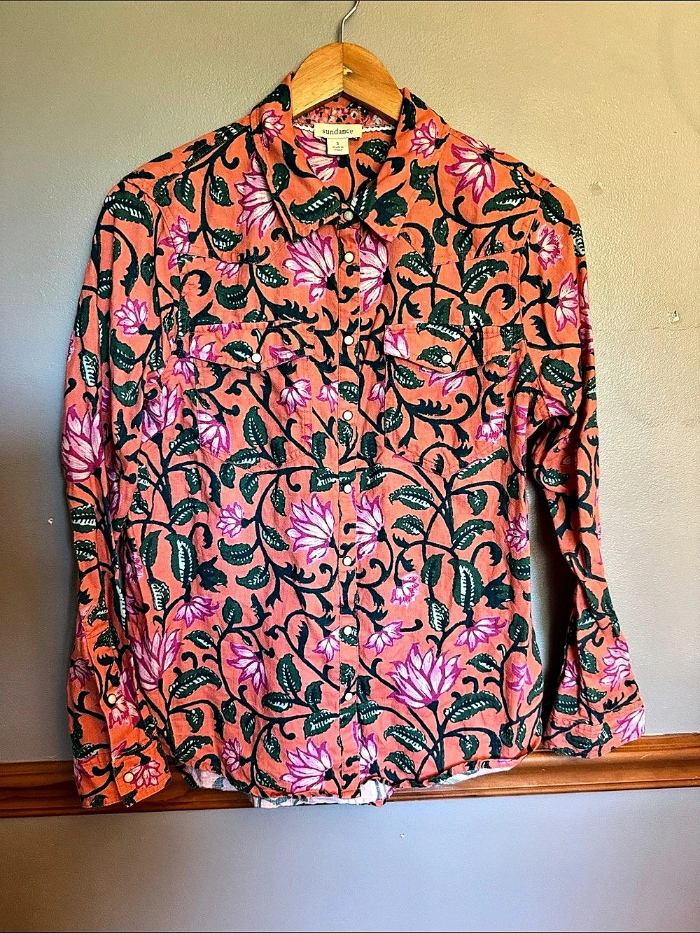 Sundance Catalog Floral 100% Linen Western Pearl Snap Shirt Small Vtg Boho